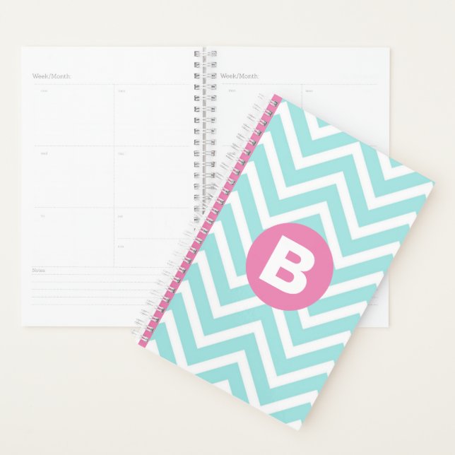 Trendy Light Blue Chevron Pink Monogram Planner (Display)