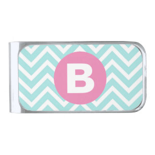 Trendy Light Blue Chevron Pink Monogram Silver Finish Money Clip