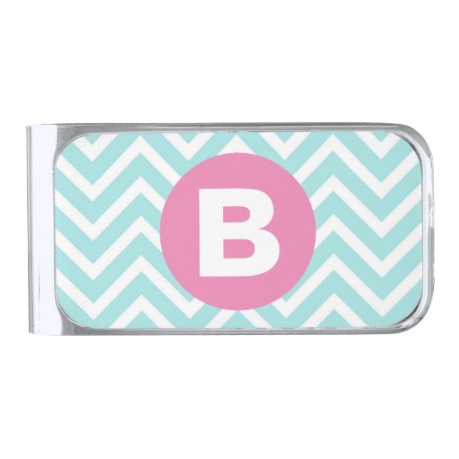 Trendy Light Blue Chevron Pink Monogram Silver Finish Money Clip (Front)