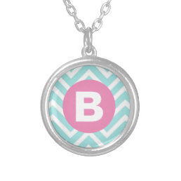 Trendy Light Blue Chevron Pink Monogram Silver Plated Necklace