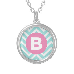 Trendy Light Blue Chevron Pink Monogram Silver Plated Necklace