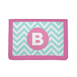 Trendy Light Blue Chevron Pink Monogram Trifold Wallet