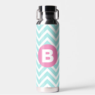 Trendy Light Blue Chevron Pink Monogram Water Bottle