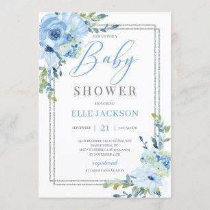Trendy light blue floral silver frame baby shower invitation