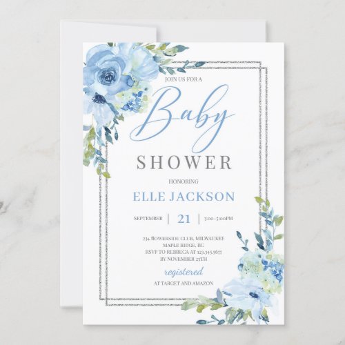 Trendy light blue floral silver frame baby shower invitation