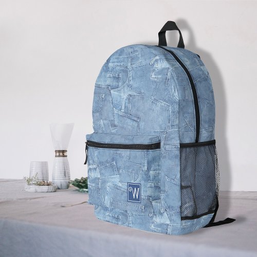 Trendy Light Blue Jean Faux Effect Monogram Printed Backpack