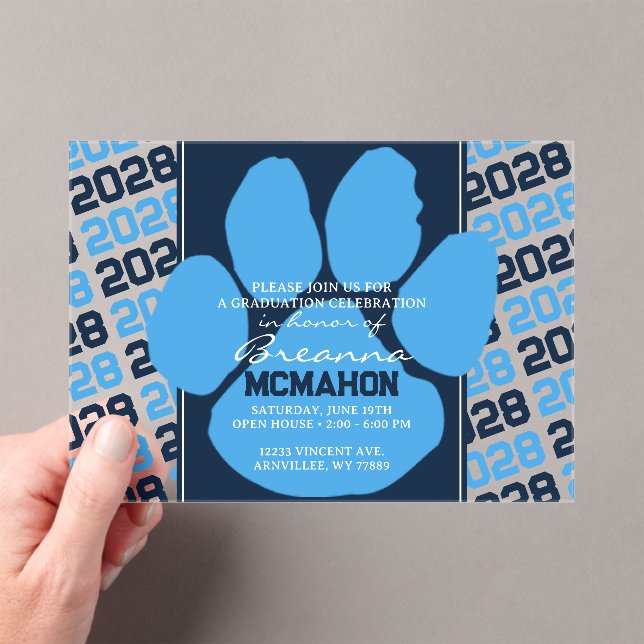 Trendy Light Blue & Navy Graduation Pawprint Clear Acrylic Invitations (Insitu (Handheld))