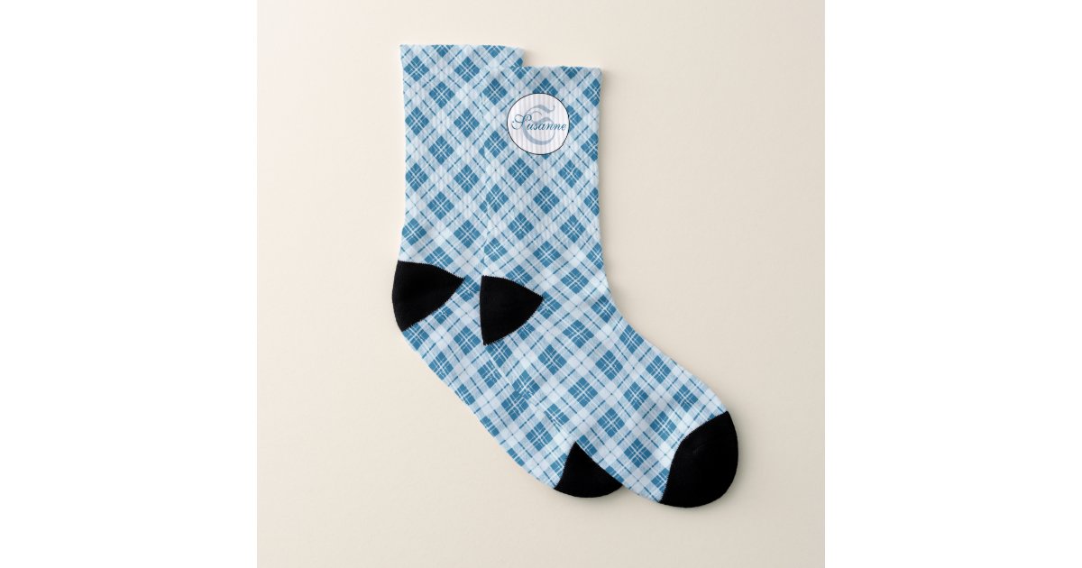 Trendy Light Blue tartan pattern Monogram Socks