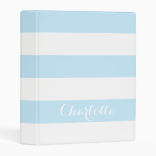 Trendy light blue white stripes custom script name mini binder