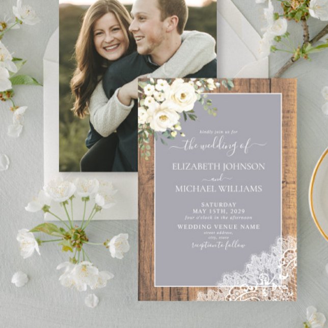 Trendy Light Gray Rustic Wood Script Photo Wedding Invitation (Creator Uploaded)
