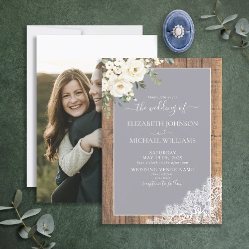 Trendy Light Gray Rustic Wood Script Photo Wedding Invitation