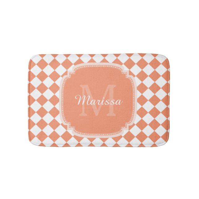 Trendy Light Orange Checked Monogrammed Name Bathroom Mat (Front)