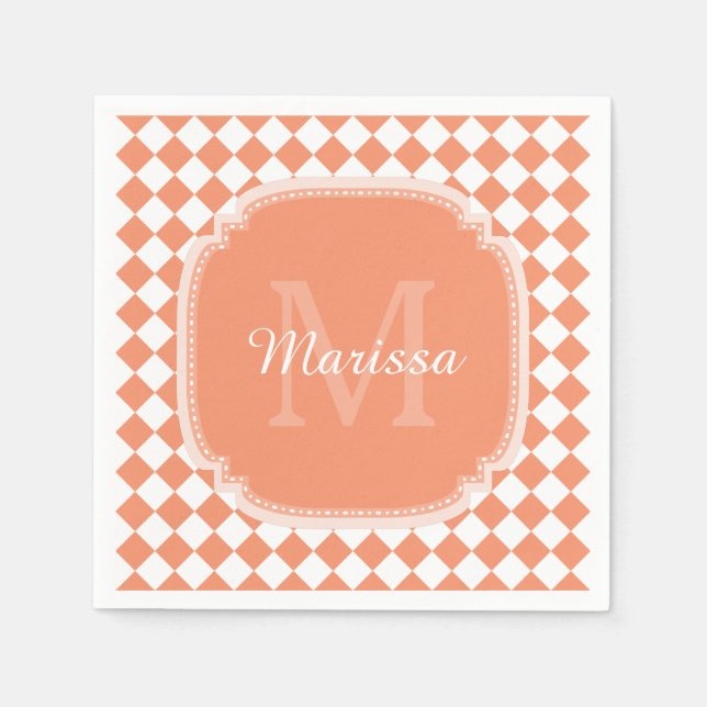 Trendy Light Orange Checked Monogrammed Name Napkins (Front)