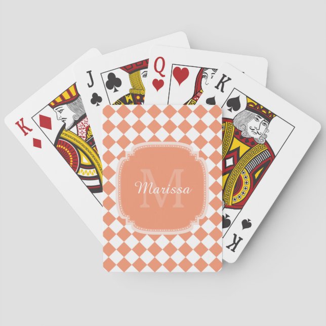 Trendy Light Orange Checked Monogrammed Name Poker Cards (Back)