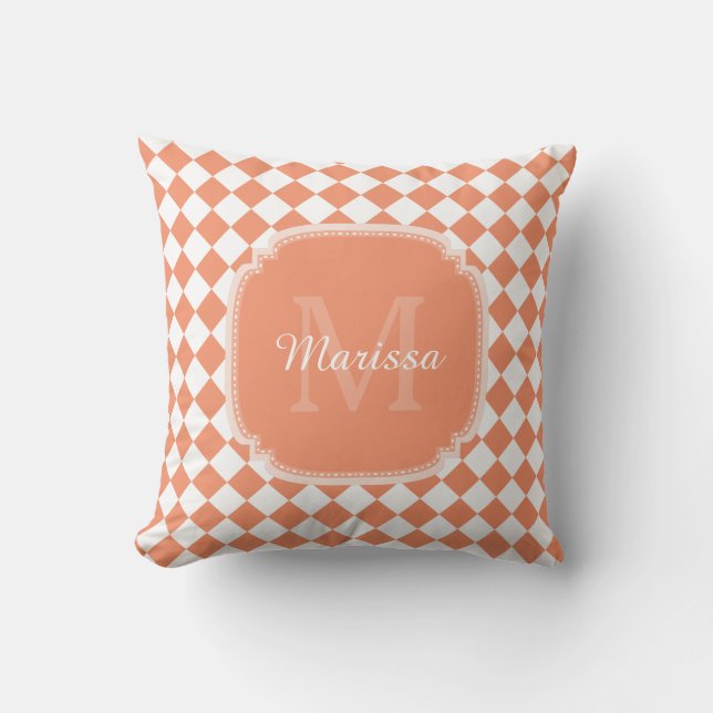Trendy Light Orange Checked Monogrammed Name Throw Pillow (Front)