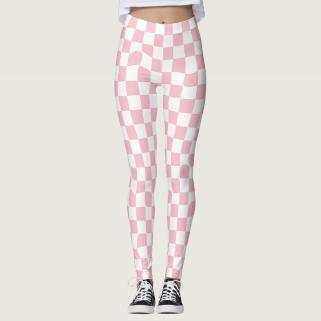 Trendy Light Pink Checkered Pattern Leggings (Front)