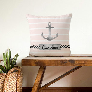Trendy Light Pink Stripes and Watercolor Anchor Throw Pillow