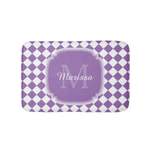 Trendy Light Purple Checked Monogrammed Name Bath Mat
