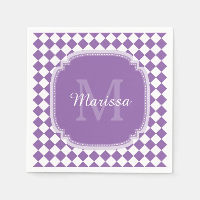 Trendy Light Purple Checked Monogrammed Name Paper Napkins (Front)