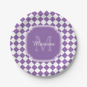 Trendy Light Purple Checked Monogrammed Name Paper Plates