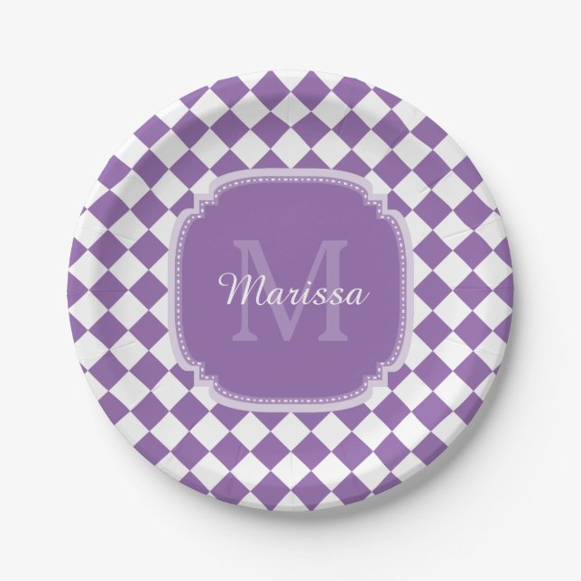 Trendy Light Purple Checked Monogrammed Name Paper Plates (Front)