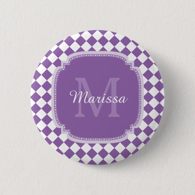 Trendy Light Purple Checked Monogrammed Name Pinback Button (Front)