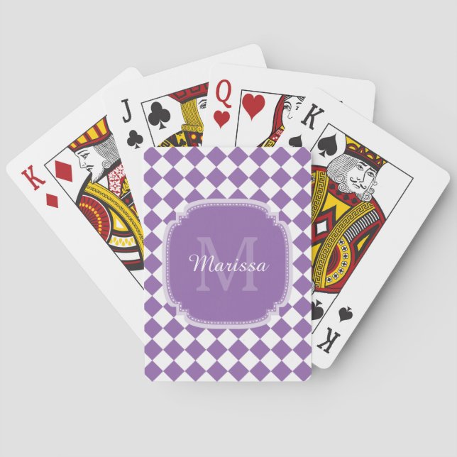 Trendy Light Purple Checked Monogrammed Name Poker Cards (Back)