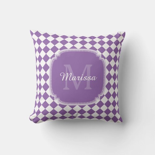 Trendy Light Purple Checked Monogrammed Name Throw Pillow
