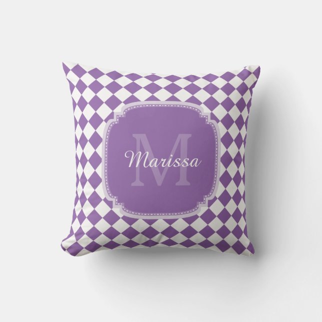 Trendy Light Purple Checked Monogrammed Name Throw Pillow (Front)