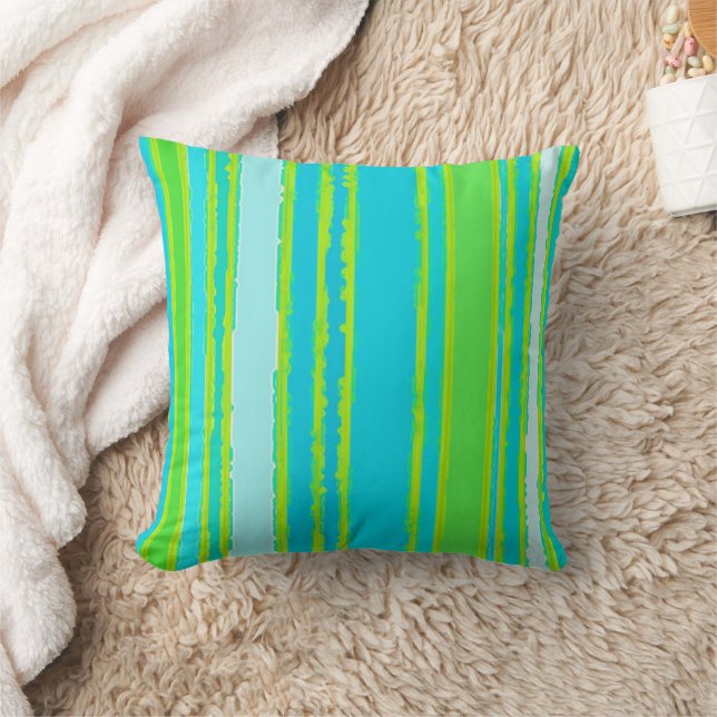 Trendy Lime Green Aqua Turquoise Stripes Pattern Throw Pillow (Blanket)