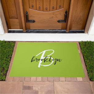 Trendy Lime Green Black and White Script Monogram  Doormat
