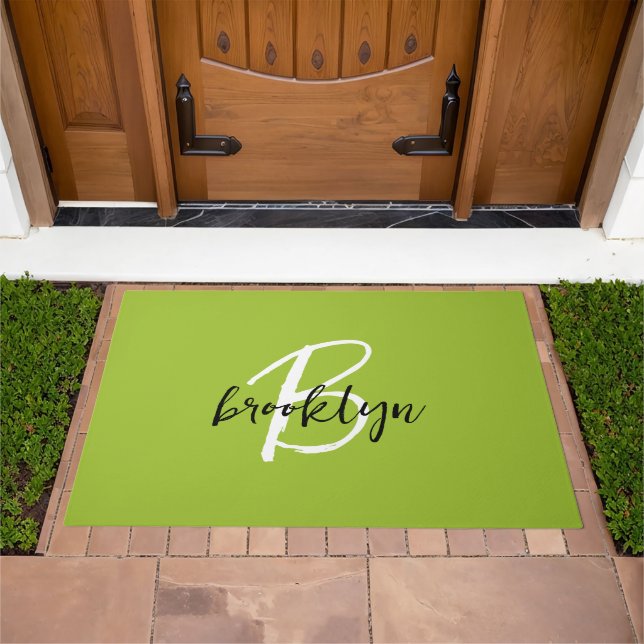 Trendy Lime Green Black and White Script Monogram  Doormat (Outdoor)