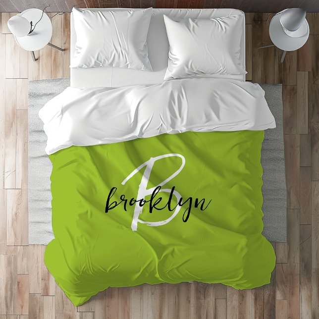 Trendy Lime Green Black and White Script Monogram  Duvet Cover (Creator Uploaded)