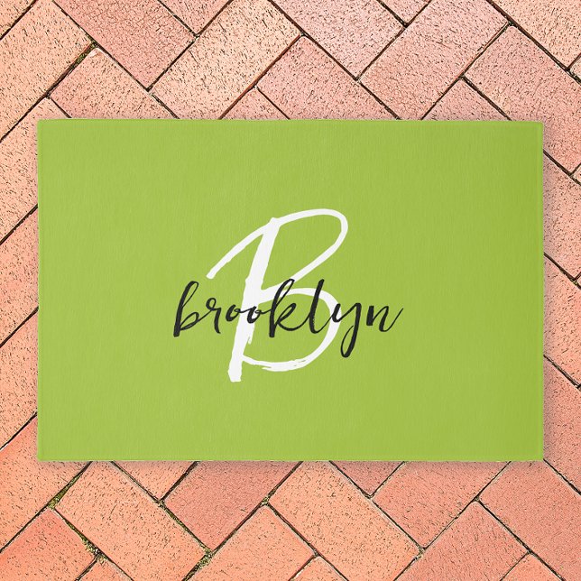 Trendy Lime Green Black and White Script Monogram  Outdoor Rug (Creator Uploaded)