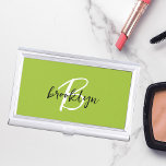 Trendy Lime Green Black White Monogram Business Card Case<br><div class="desc">This trendy modern business card case features a monogram and first name in black and white script on a stylish lime green background.</div>