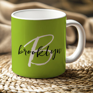 Trendy Lime Green Black White Script Monogram Coffee Mug