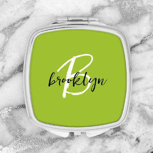 Trendy Lime Green Black White Script Monogram Compact Mirror