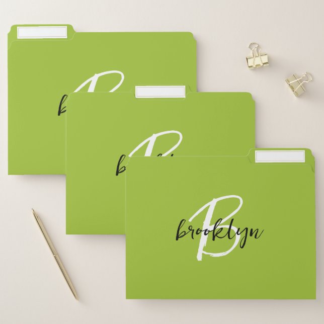 Trendy Lime Green Black White Script Monogram File Folder (Set)