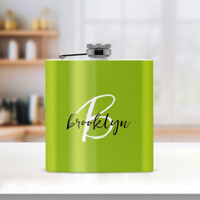 Trendy Lime Green Black White Script Monogram  Flask (Creator Uploaded)