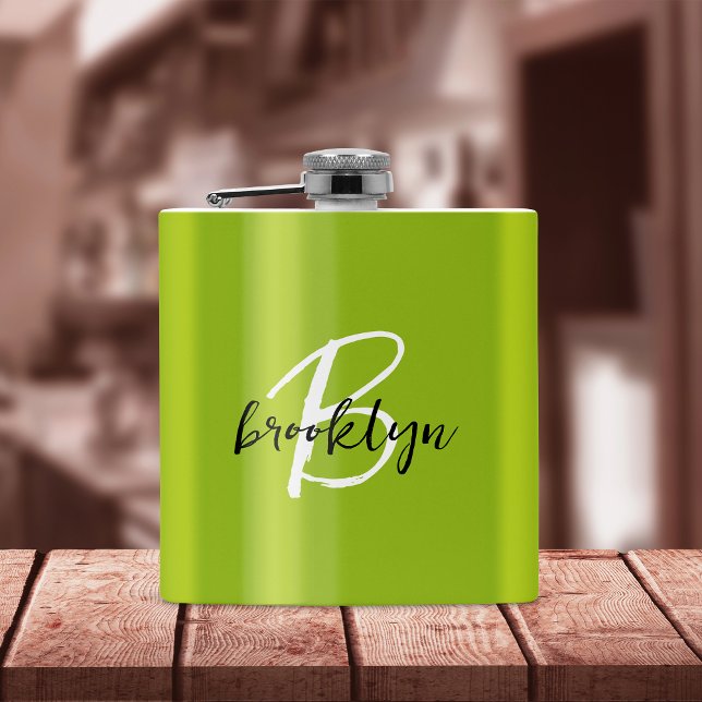 Trendy Lime Green Black White Script Monogram  Flask (Creator Uploaded)