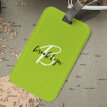 Trendy Lime Green Black White Script Monogram  Luggage Tag<br><div class="desc">This elegant personalized luggage tag feature a monogram and first name in modern black and white script on a trendy lime green background.</div>