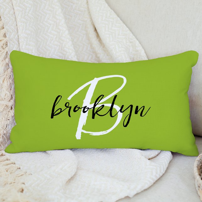 Trendy Lime Green Black White Script Monogram  Lumbar Pillow (Creator Uploaded)