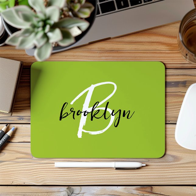 Trendy Lime Green Black White Script Monogram  Mouse Pad (Creator Uploaded)