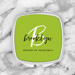 Trendy Lime Green Black White Script Monogram Name Compact Mirror