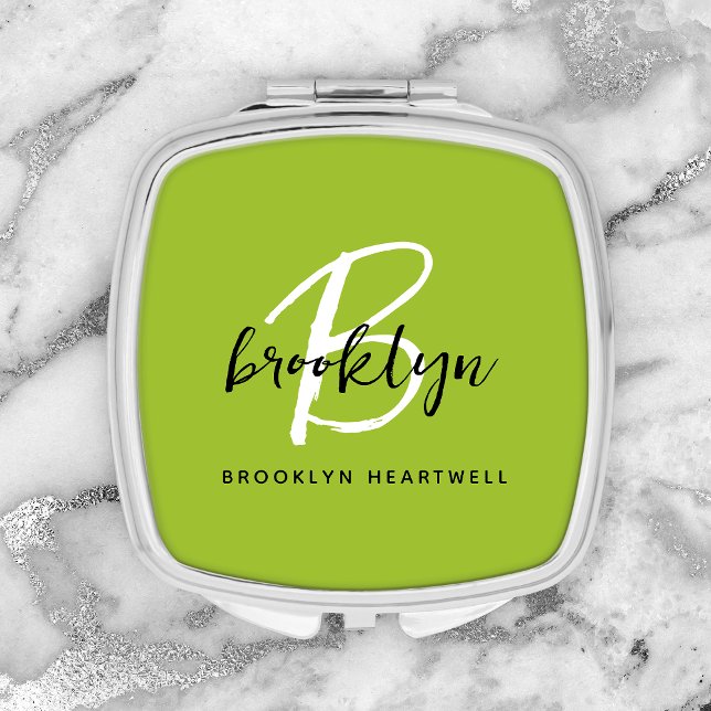 Trendy Lime Green Black White Script Monogram Name Compact Mirror (Creator Uploaded)