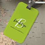 Trendy Lime Green Black White Script Monogram Name Luggage Tag<br><div class="desc">This elegant personalized luggage tag feature a monogram and first name in modern black and white script on a trendy lime green background,  with the full name in black sans serif font below.</div>