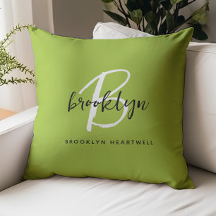 Trendy Lime Green Black White Script Monogram Name Throw Pillow