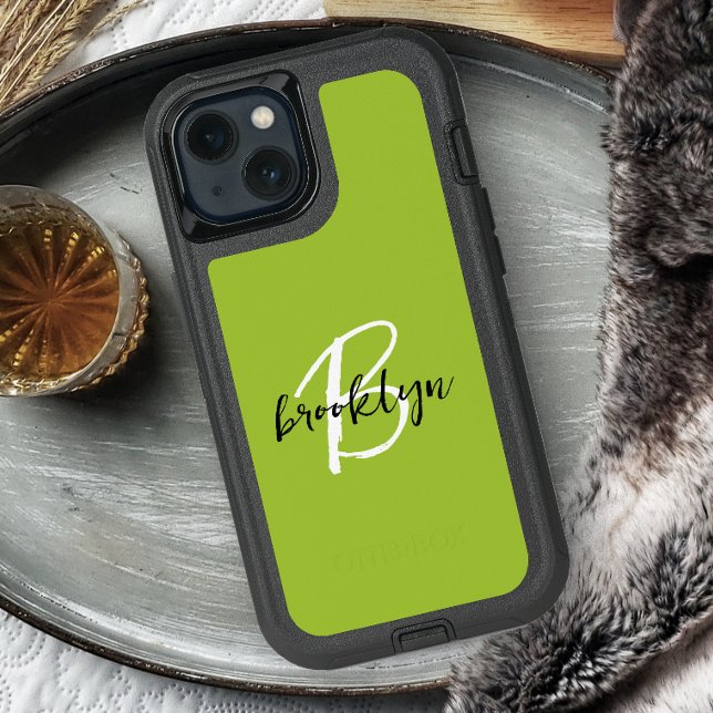 Trendy Lime Green Black White Script Monogram Otterbox iPhone Case (Creator Uploaded)