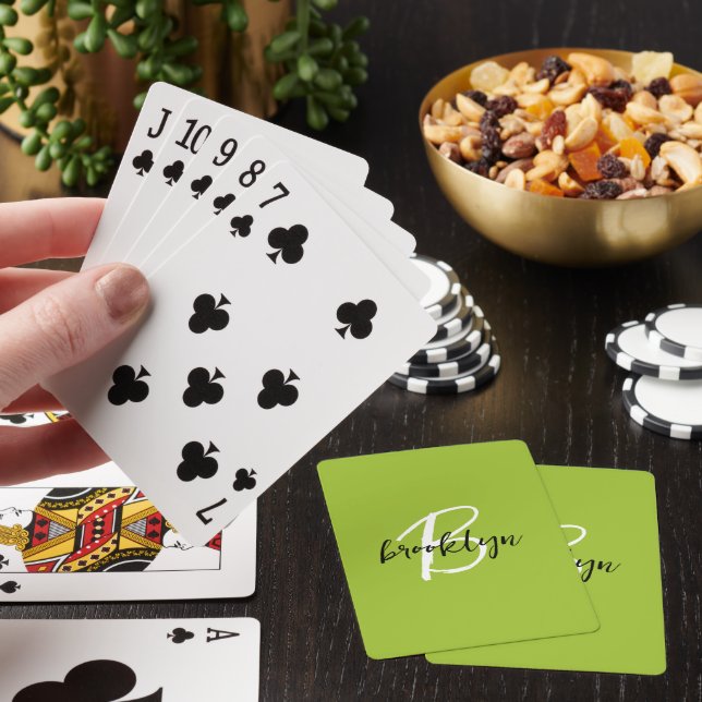 Trendy Lime Green Black White Script Monogram  Poker Cards (In Situ)