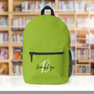 Trendy Lime Green Black White Script Monogram  Printed Backpack